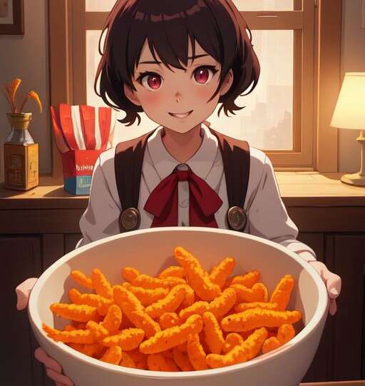 an anime girl with cheetos