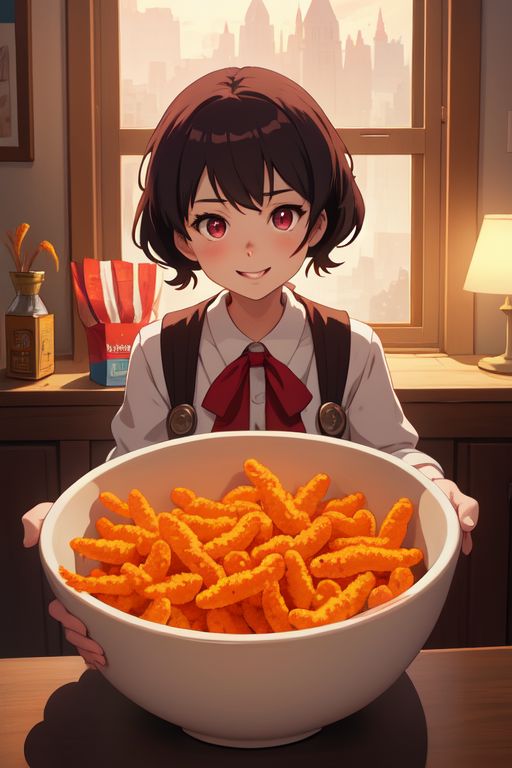 an anime girl with cheetos